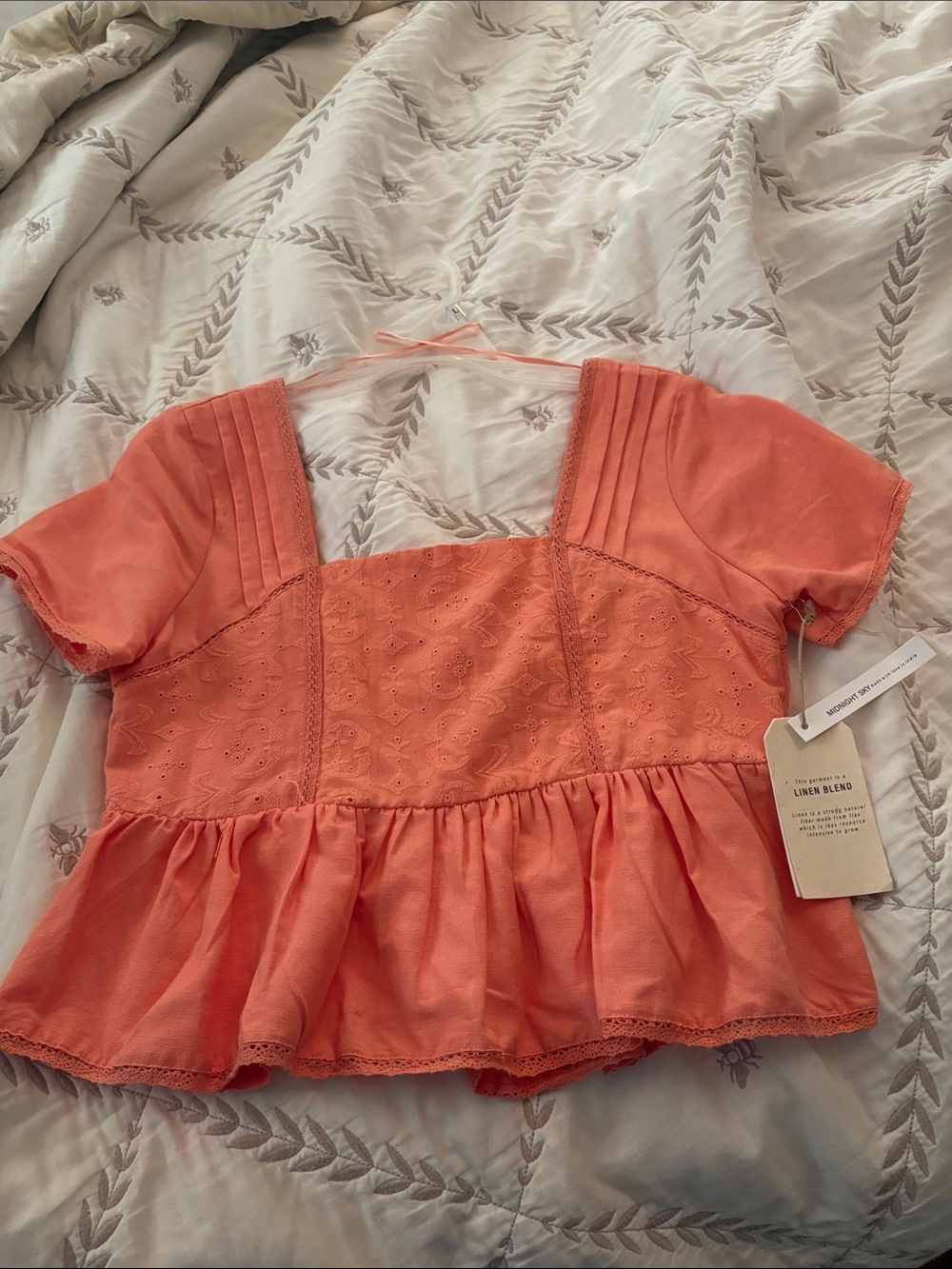 Coral Eyelet Peplum Linen Blend Top NWT